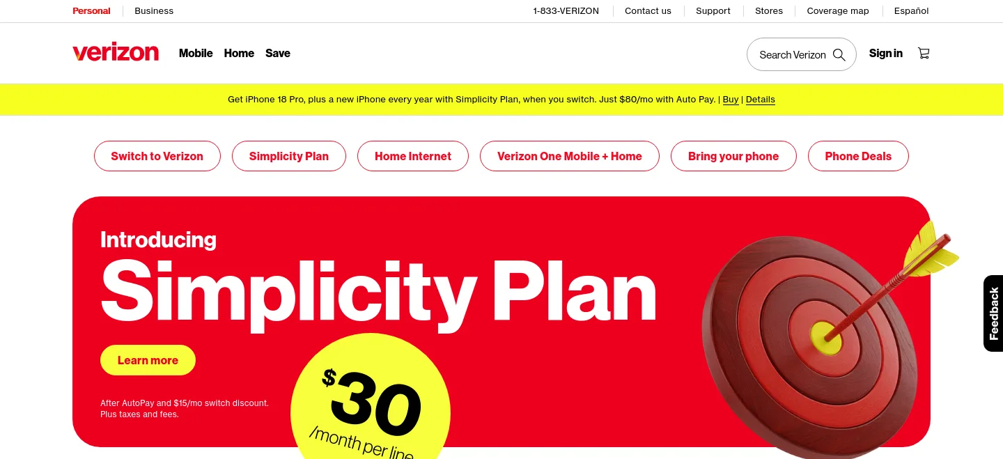 verizon.com — Hero + Pricing