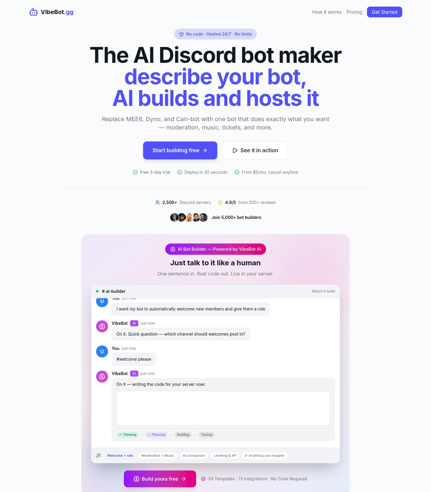 vibebot.gg — a measured funnel