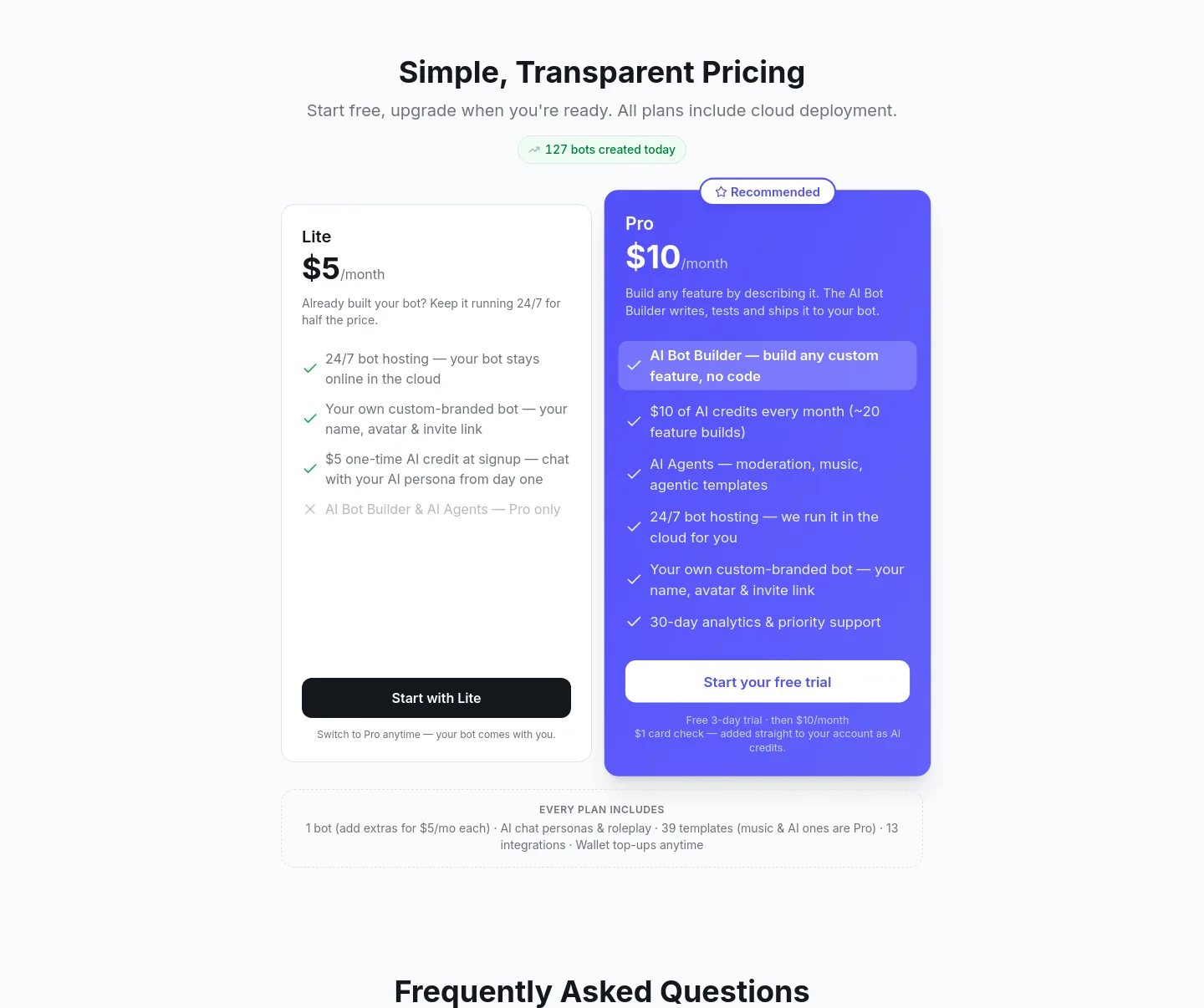 vibebot.gg — a real Pricing section