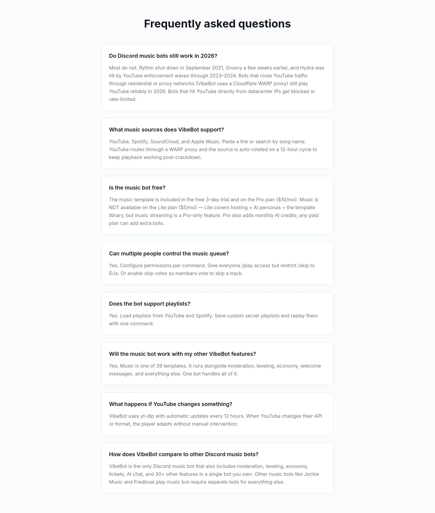 vibebot.gg — a real FAQ section