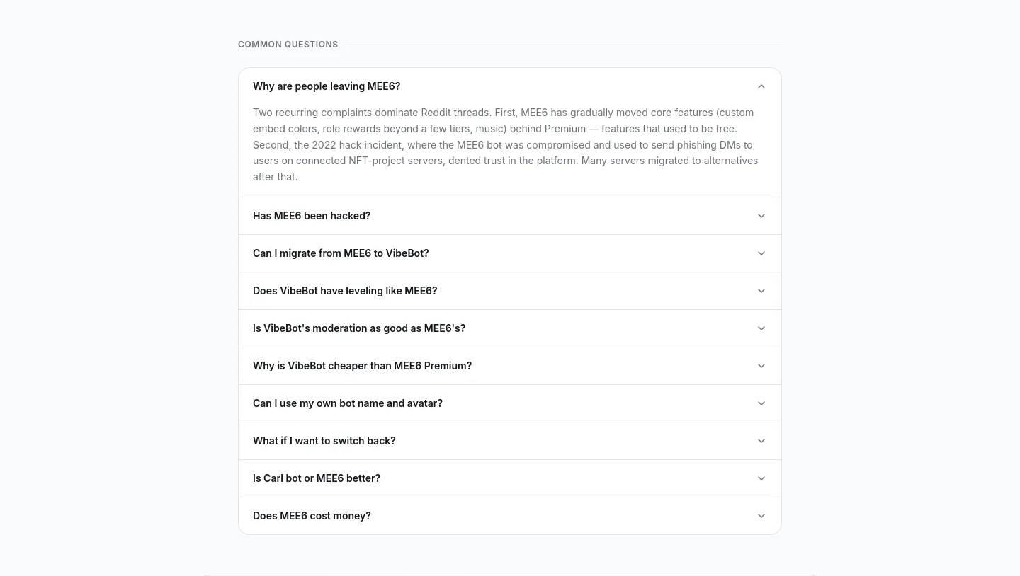 vibebot.gg — a real FAQ section