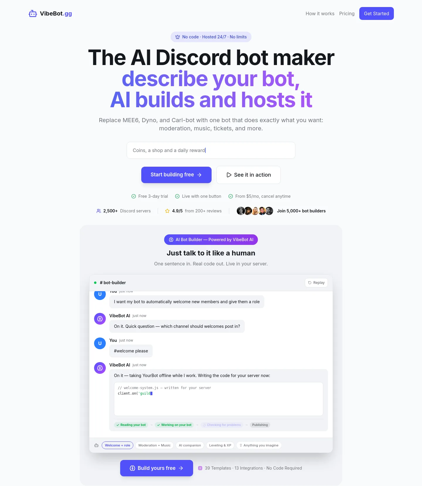 vibebot.gg — a measured funnel