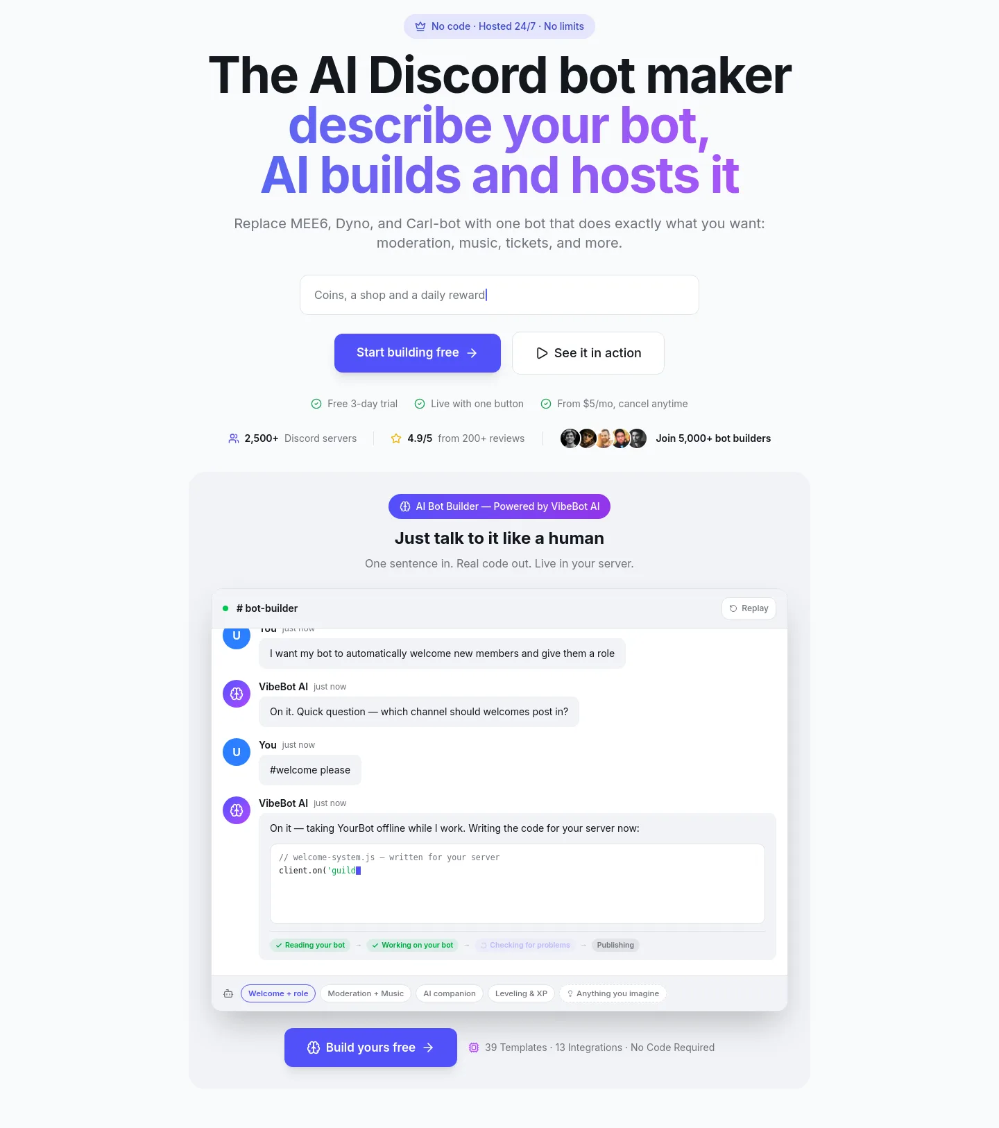 vibebot.gg — a real Hero section