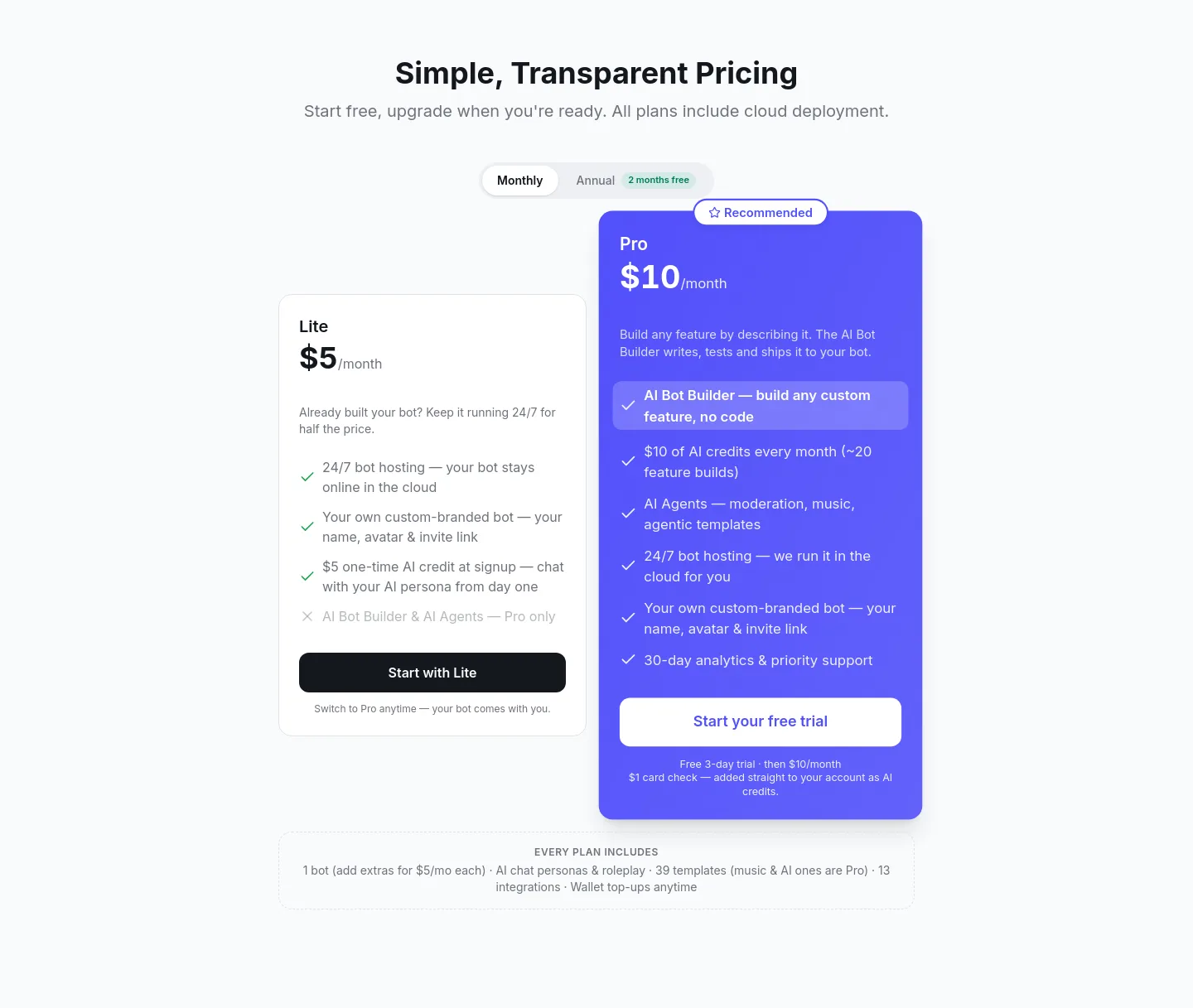 vibebot.gg Pricing section