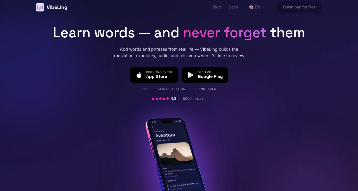 vibeling.app — Hero + Features