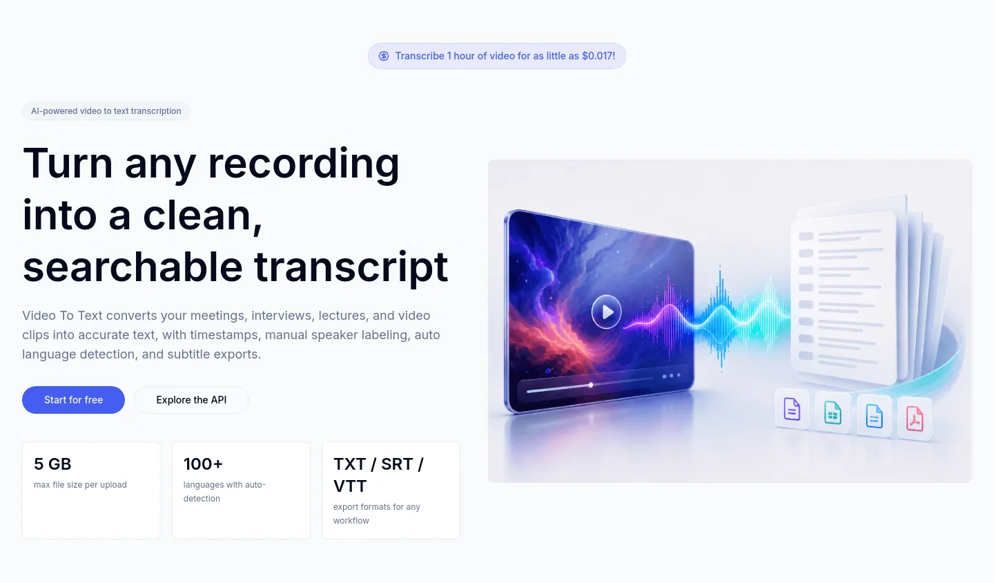 videototext.dev Hero section