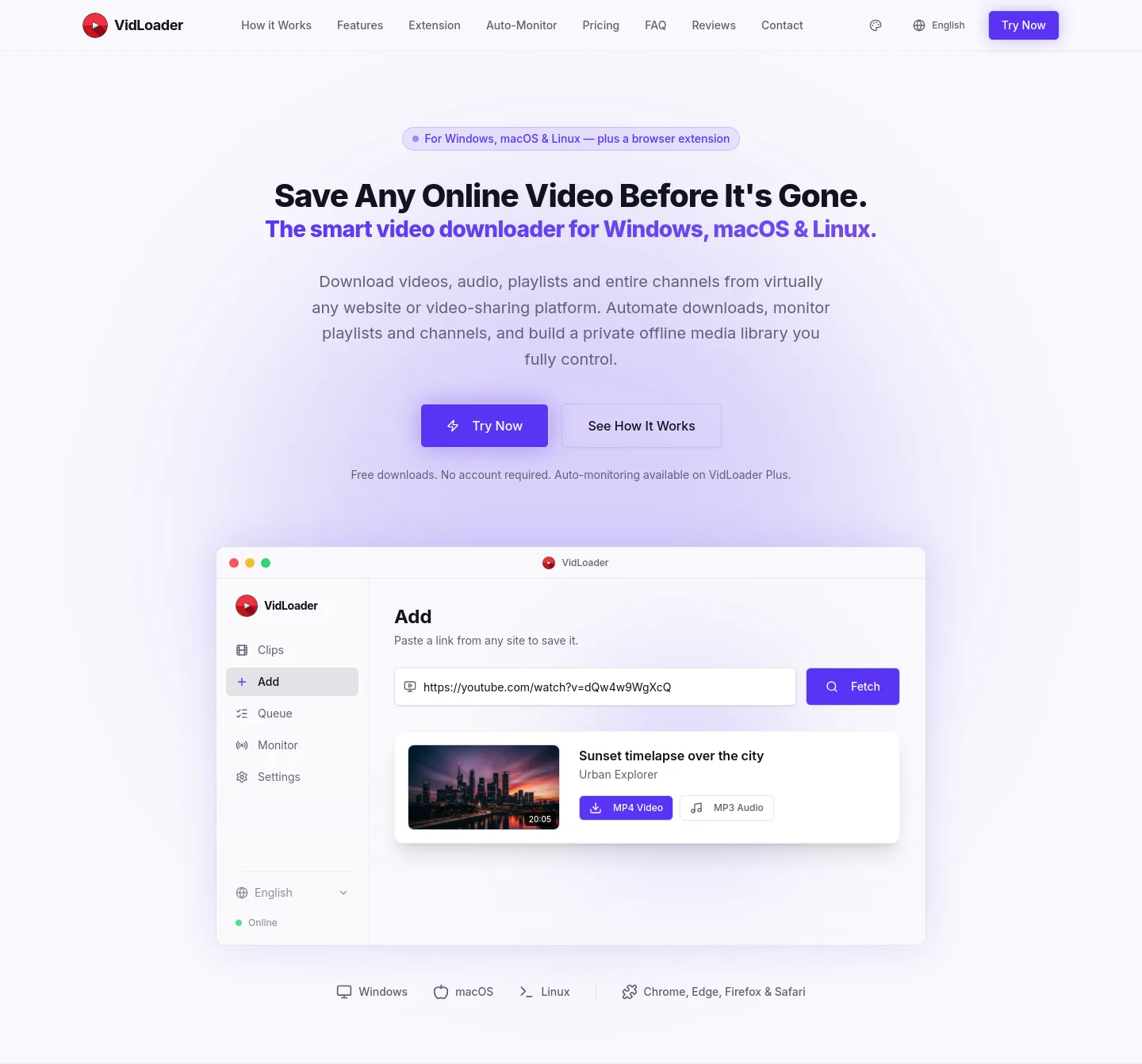 vidloader.com — a real Hero section