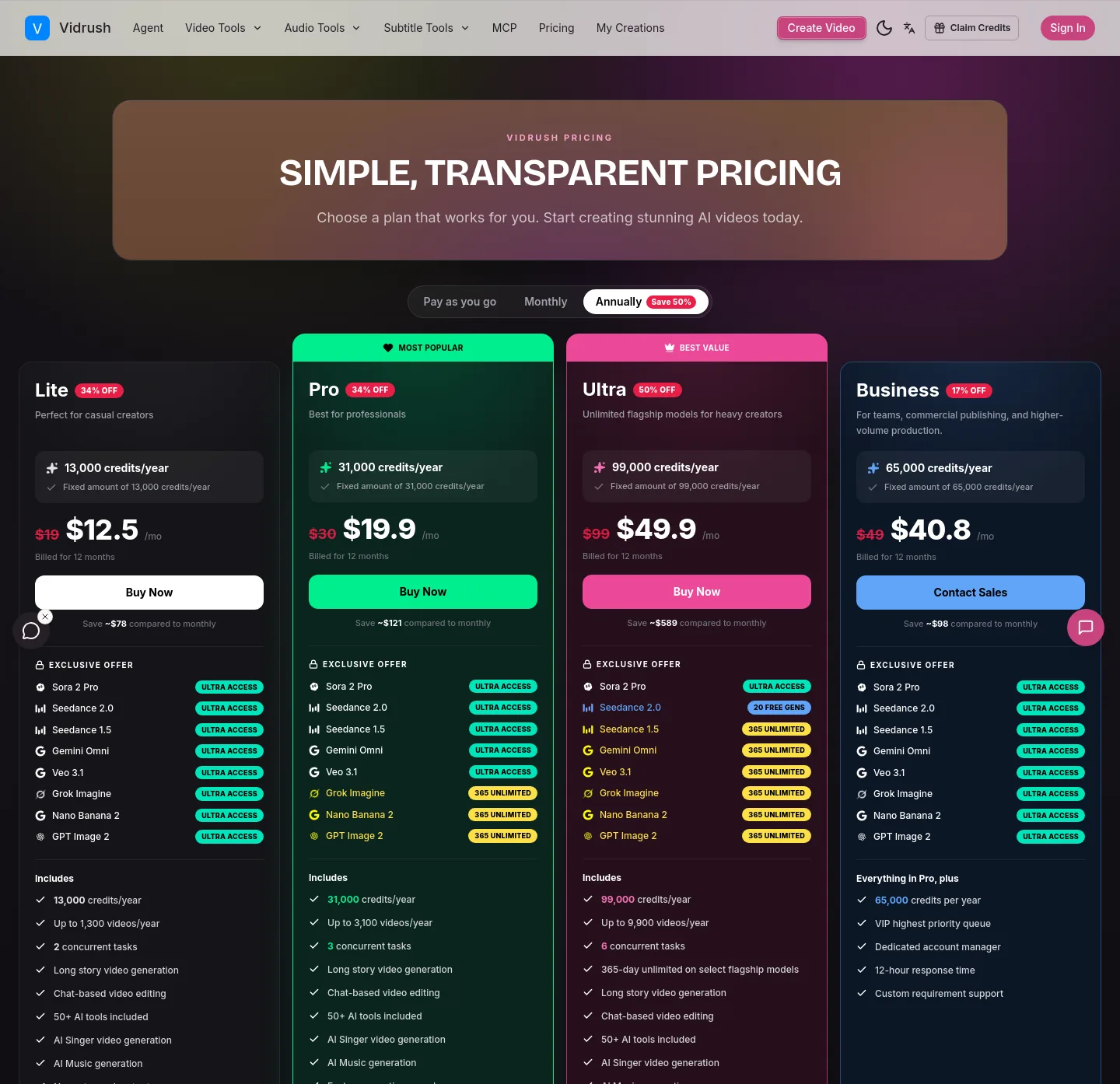 vidrush-ai.com Hero section