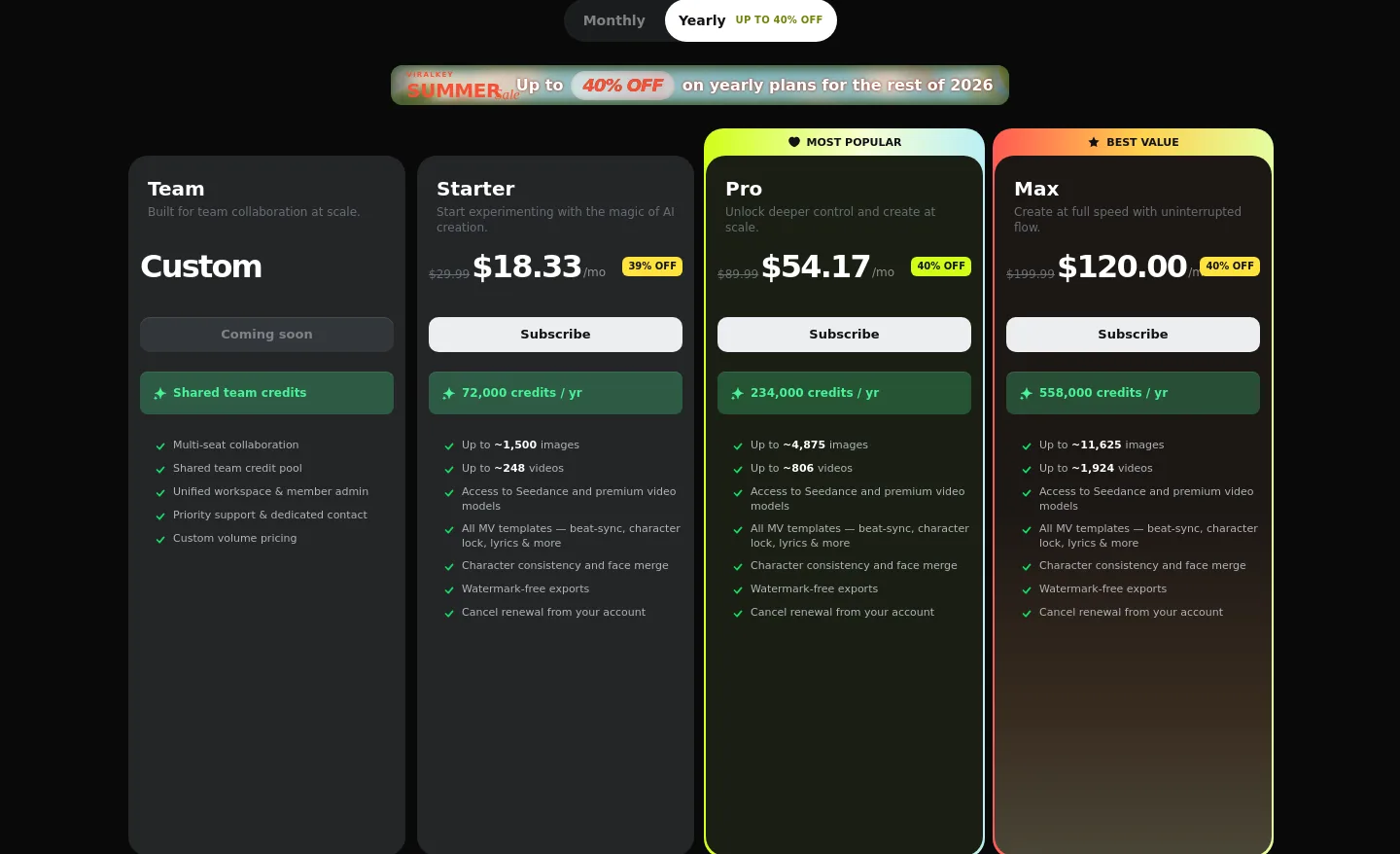 viralkey.ai — a real Pricing section