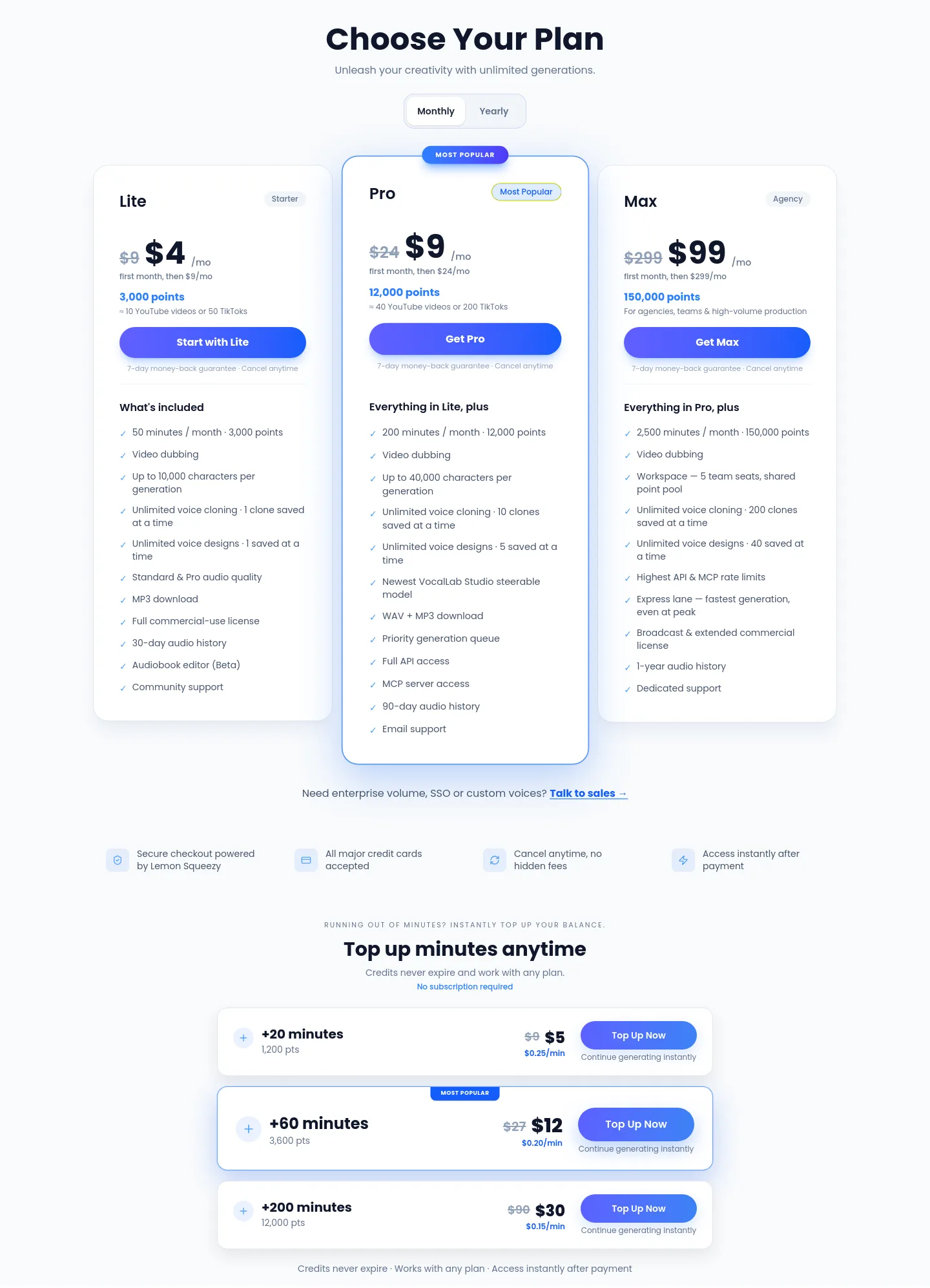 vocallab.ai Pricing section