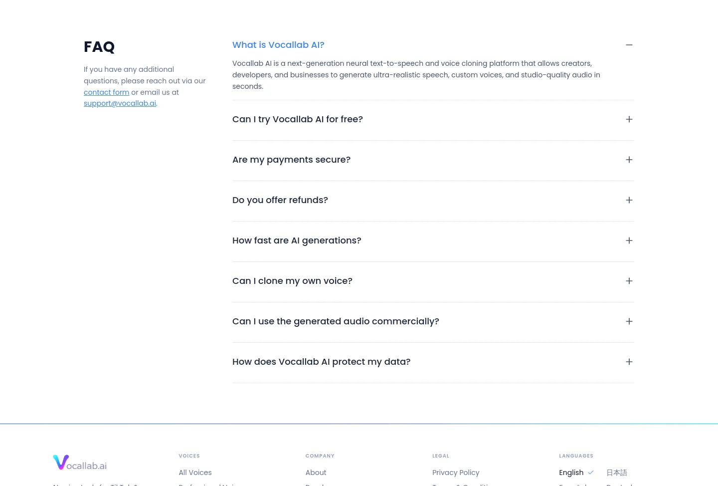 vocallab.ai — a real FAQ section