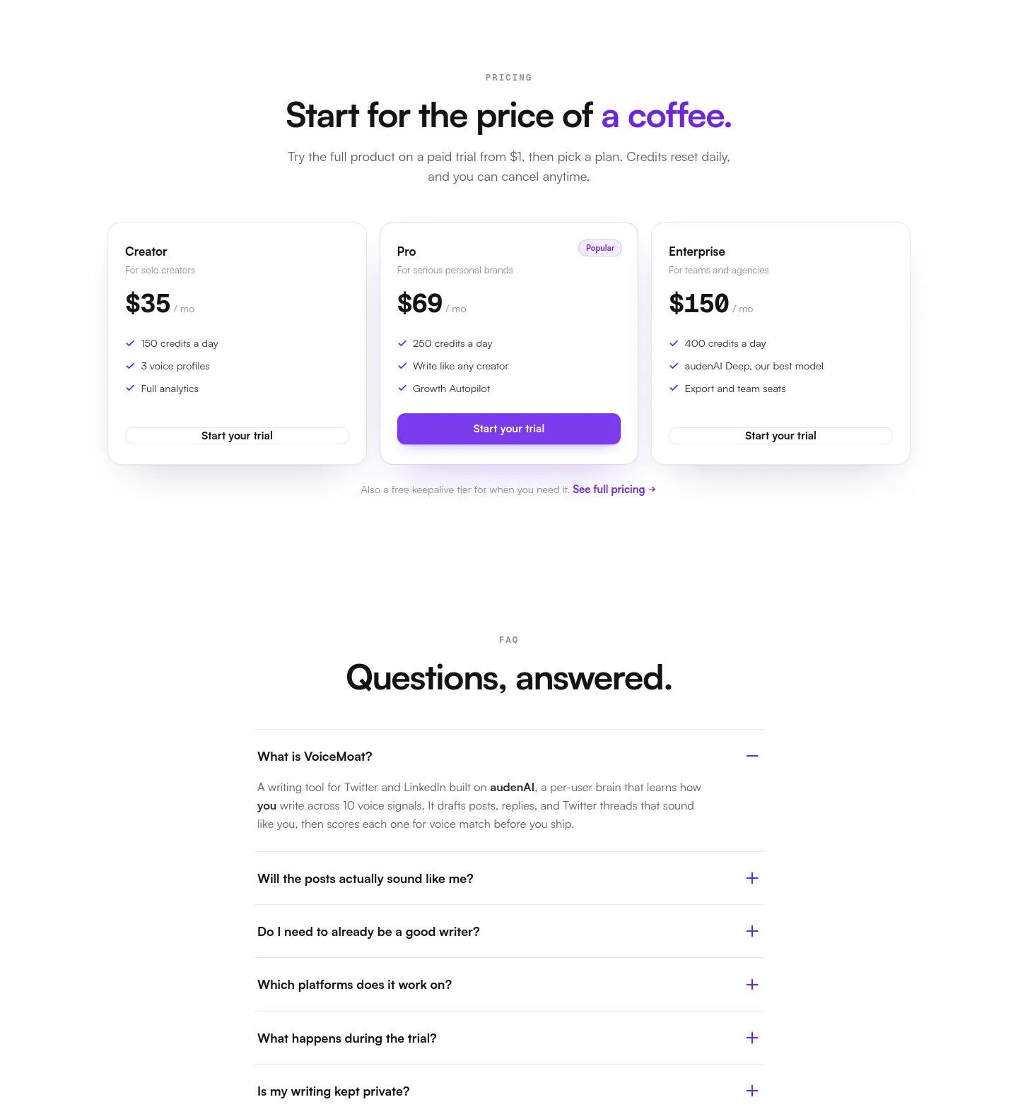 voicemoat.com — a real Pricing section