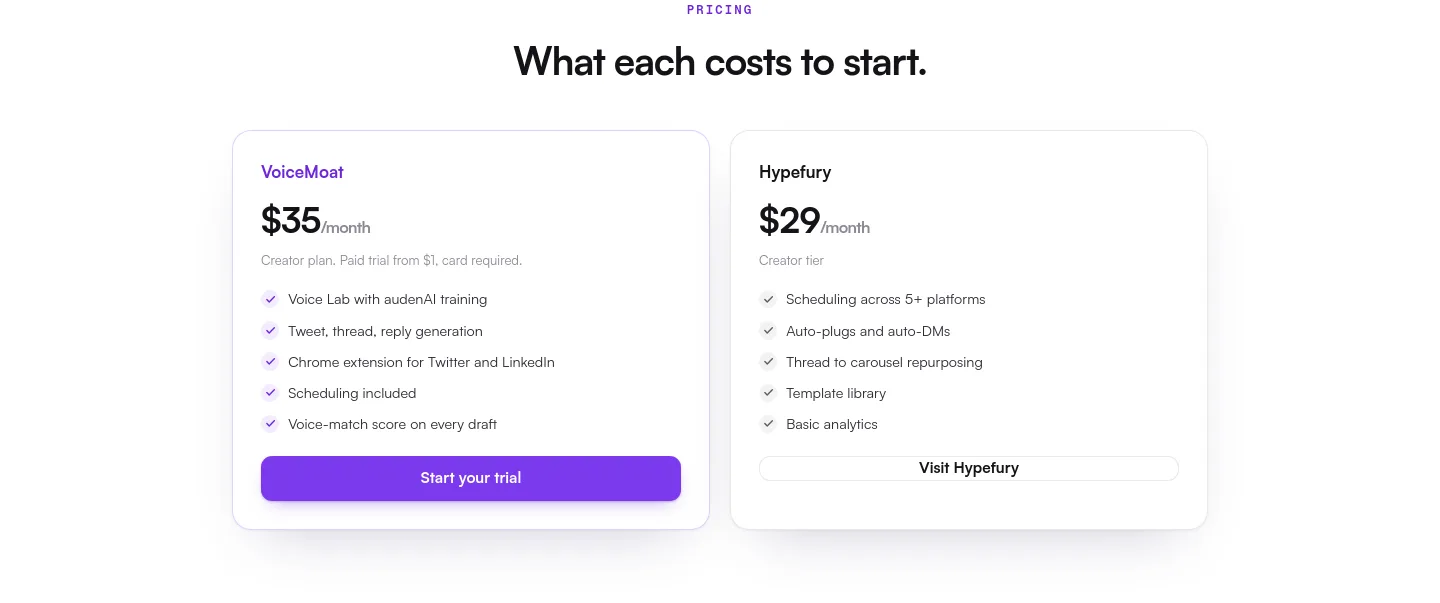 voicemoat.com — a real Pricing section