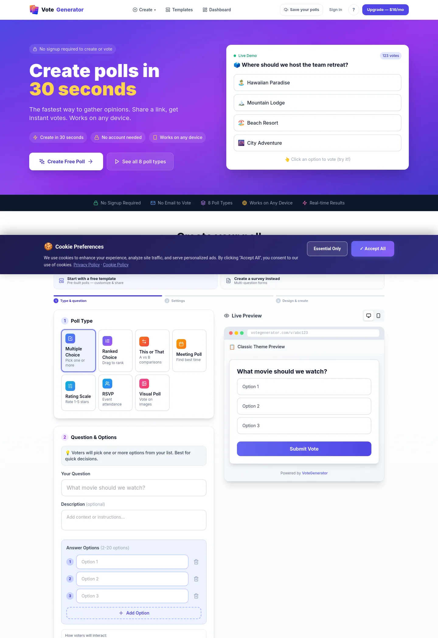votegenerator.com — a measured funnel