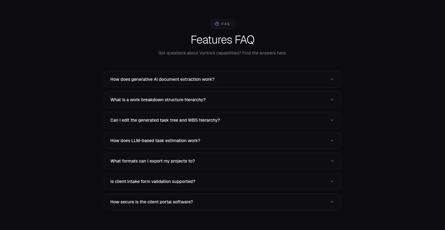 vyntro.cloud — a real FAQ section