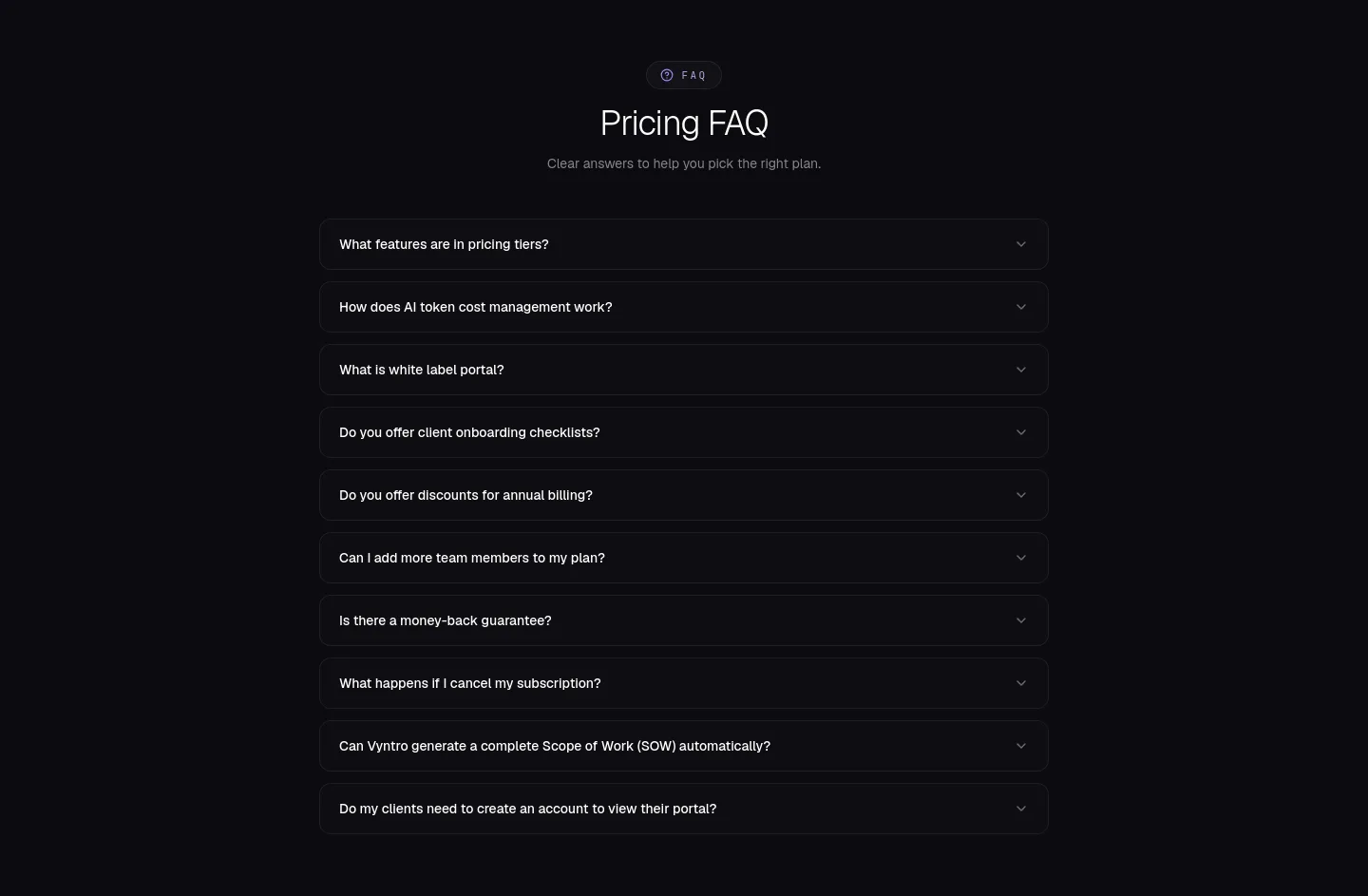 vyntro.cloud — a real FAQ section