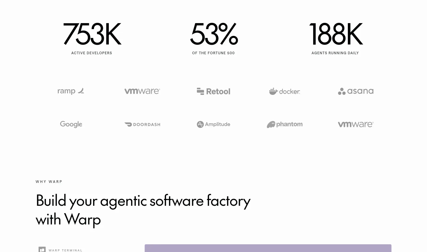 warp.dev — a real Logo Wall section