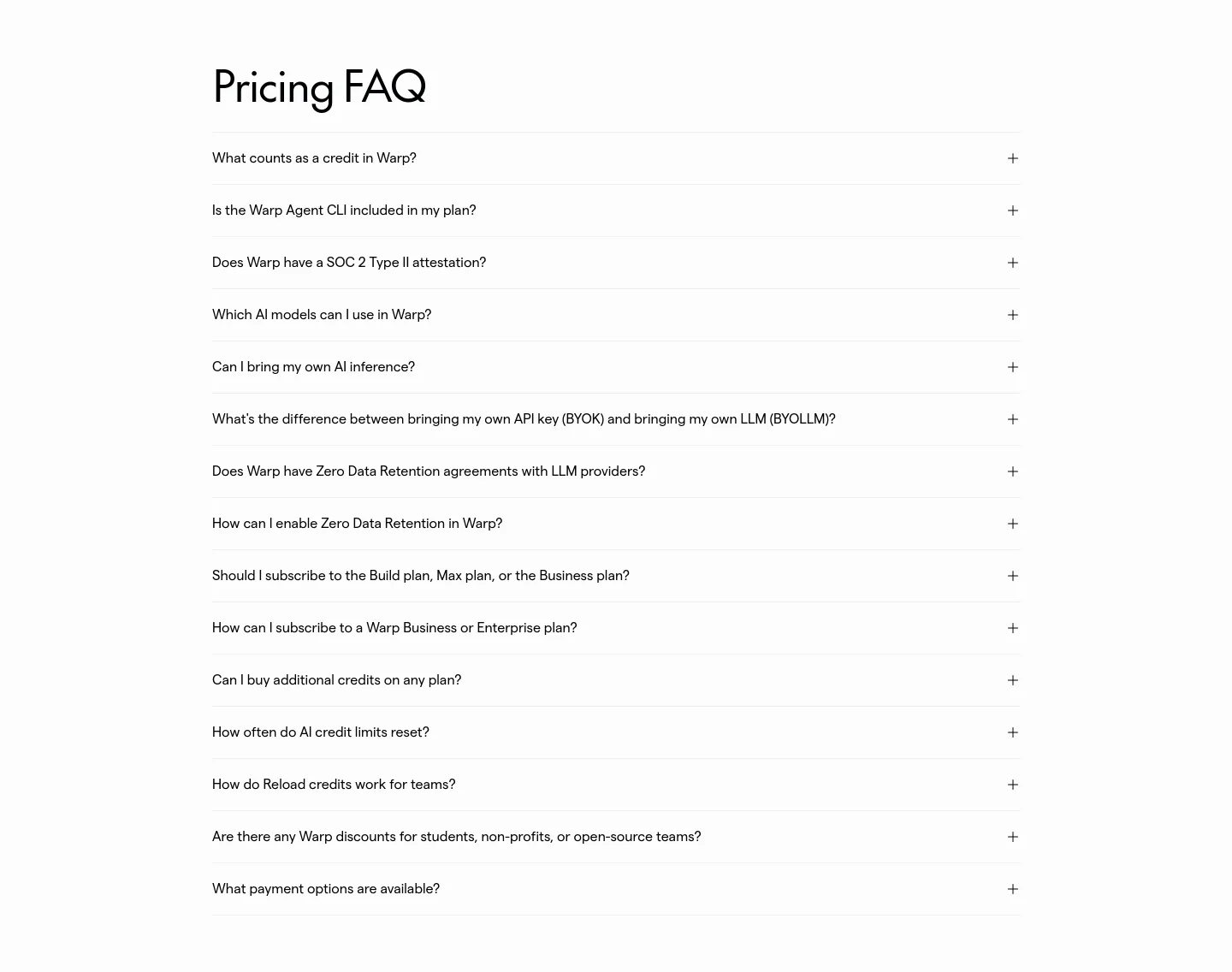 warp.dev — a real FAQ section
