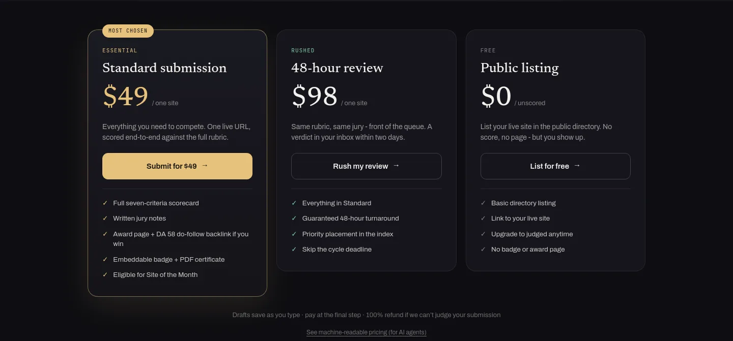 webdesignawards.io — a real Pricing section