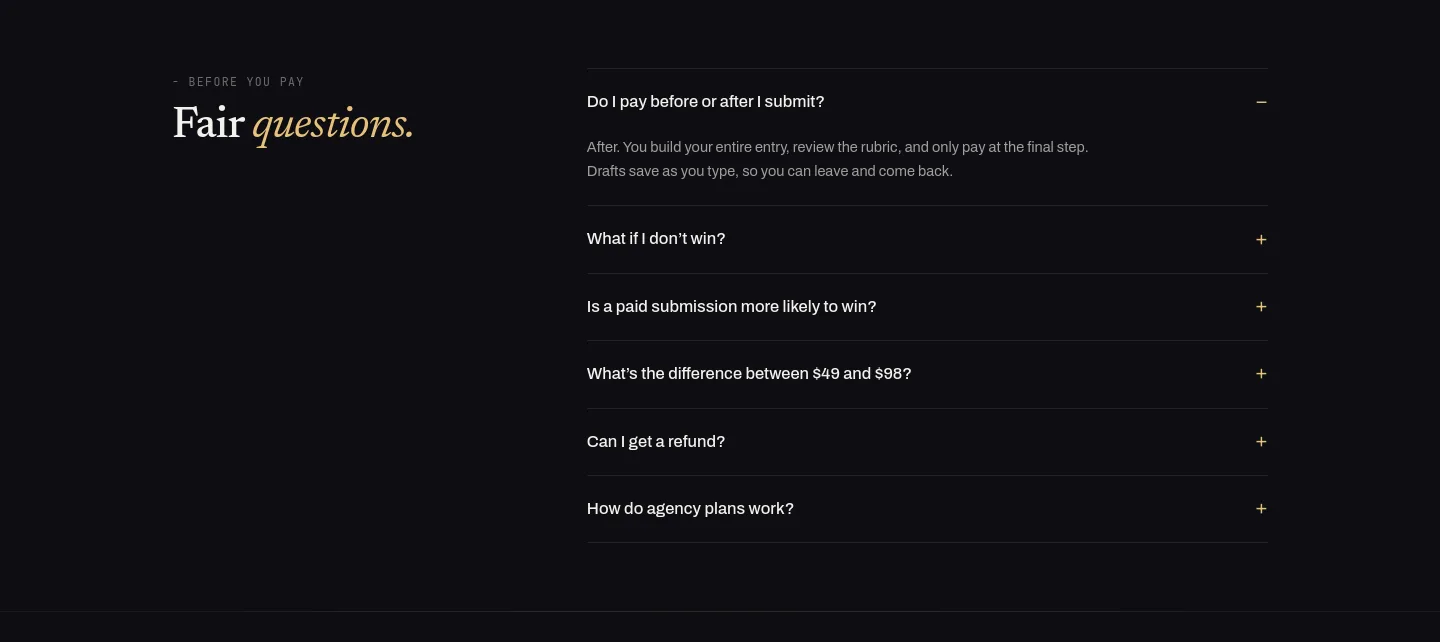 webdesignawards.io FAQ section