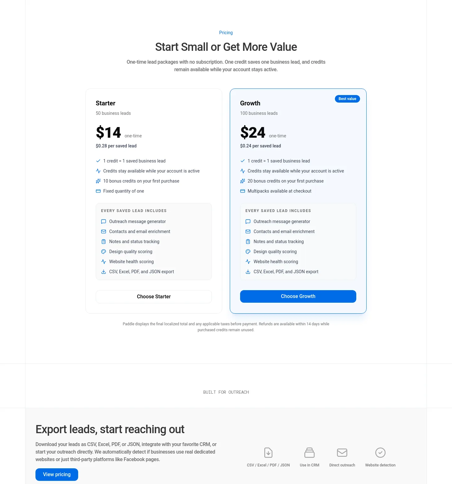 webleadr.com — a real Pricing section