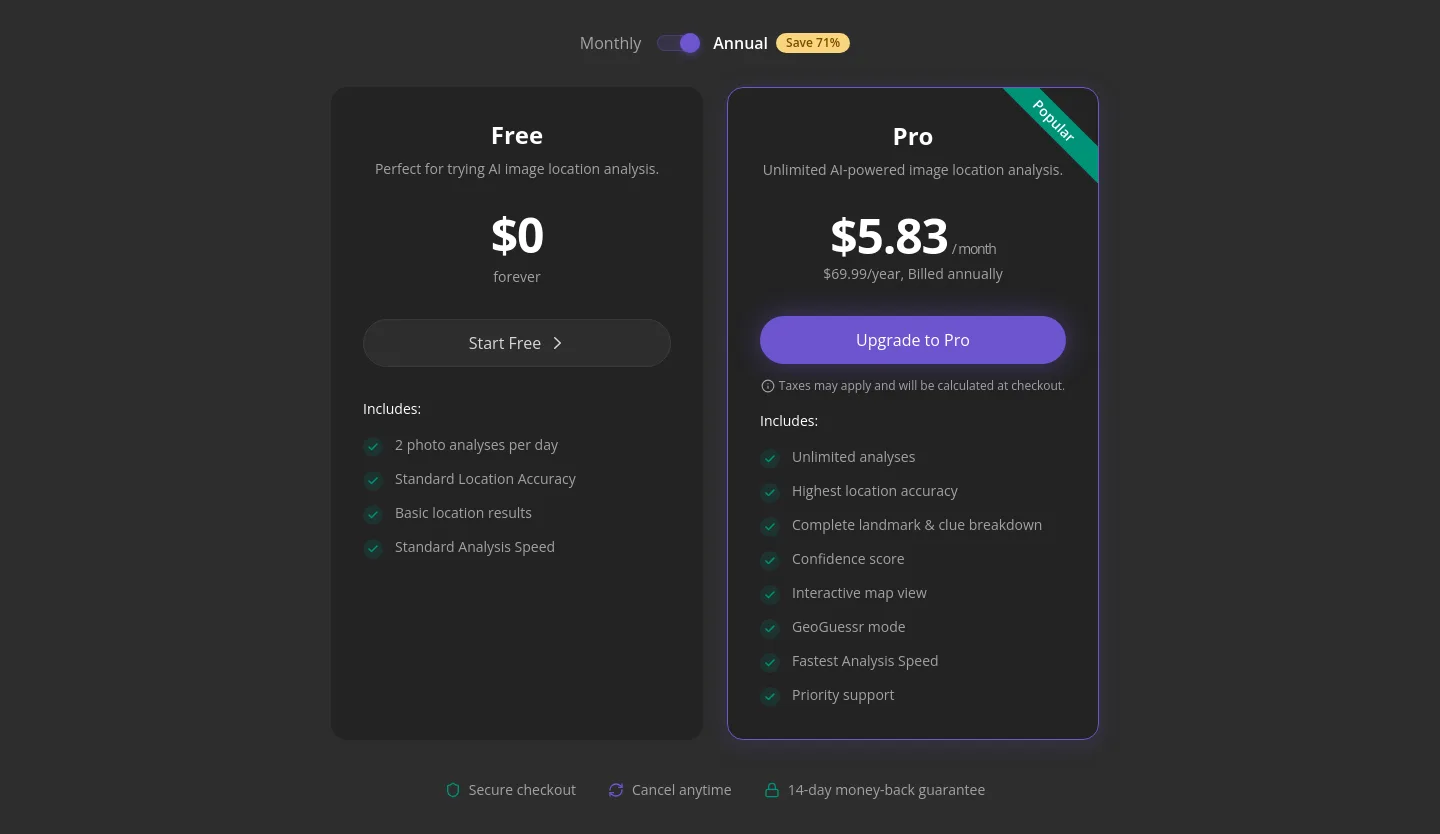 wherewastaken.com Pricing section