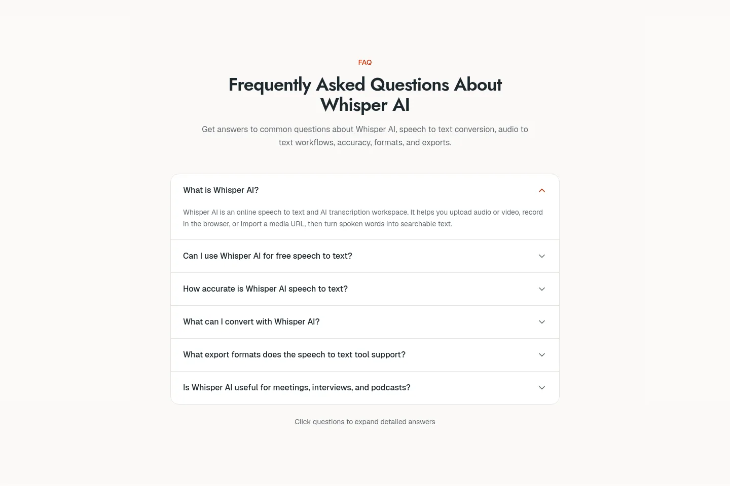 whisper-ai.app — a real FAQ section