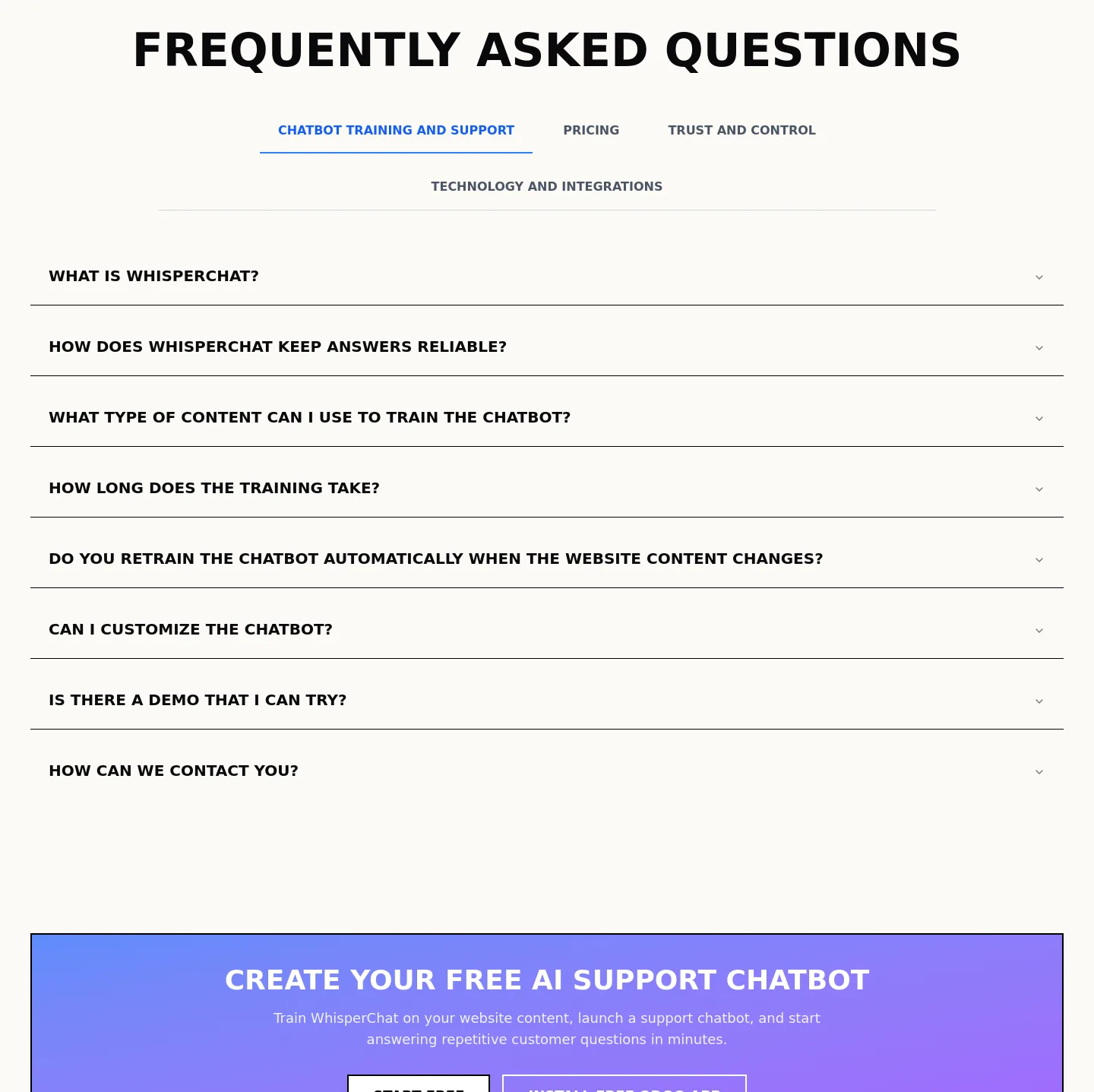 whisperchat.ai — a real FAQ section