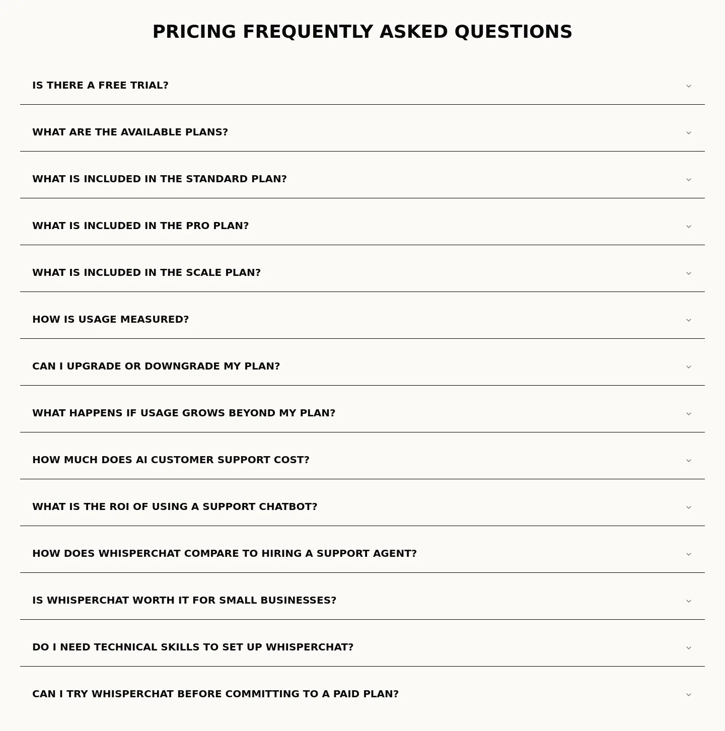 whisperchat.ai — a real FAQ section