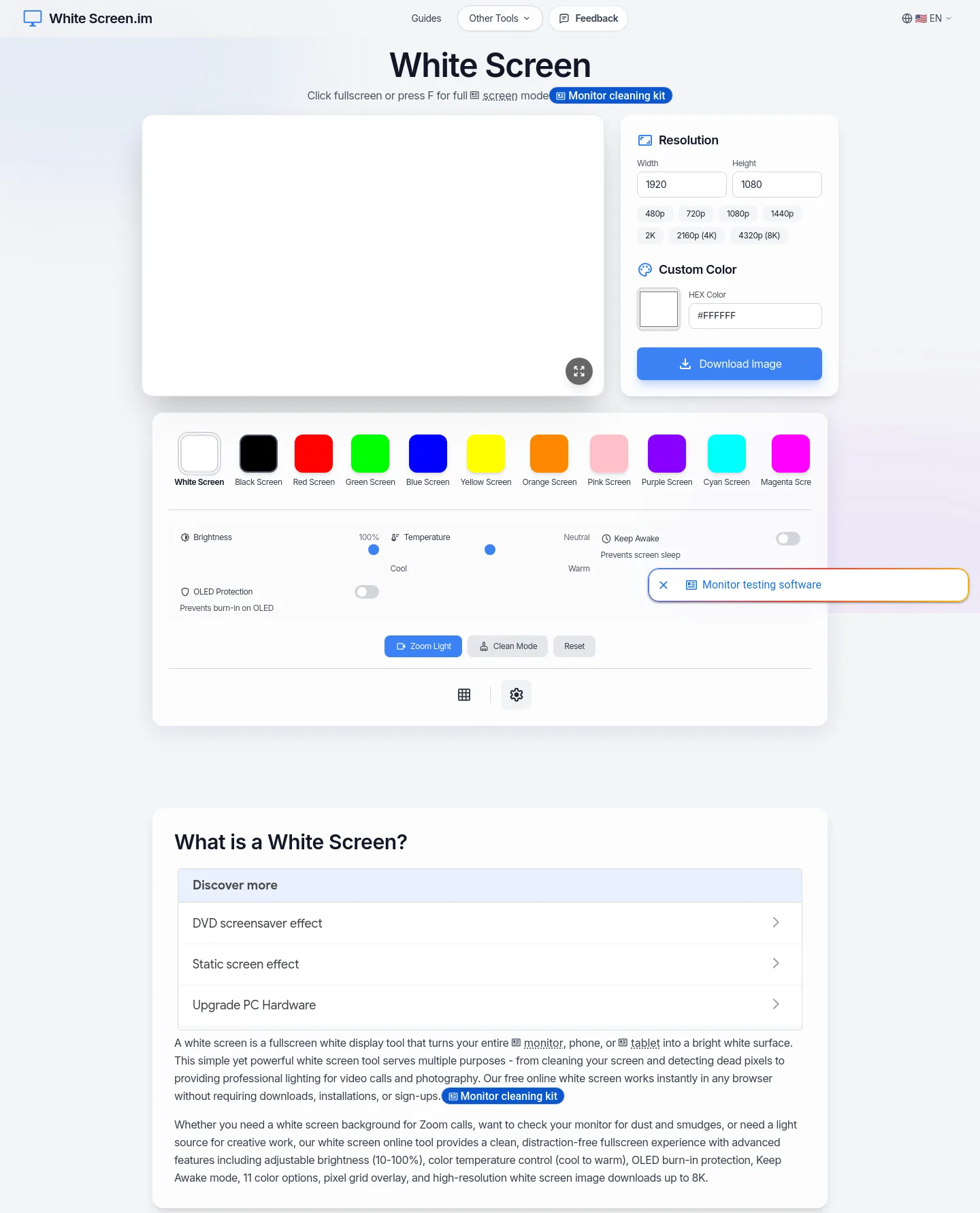 whitescreen.im — Hero + Features