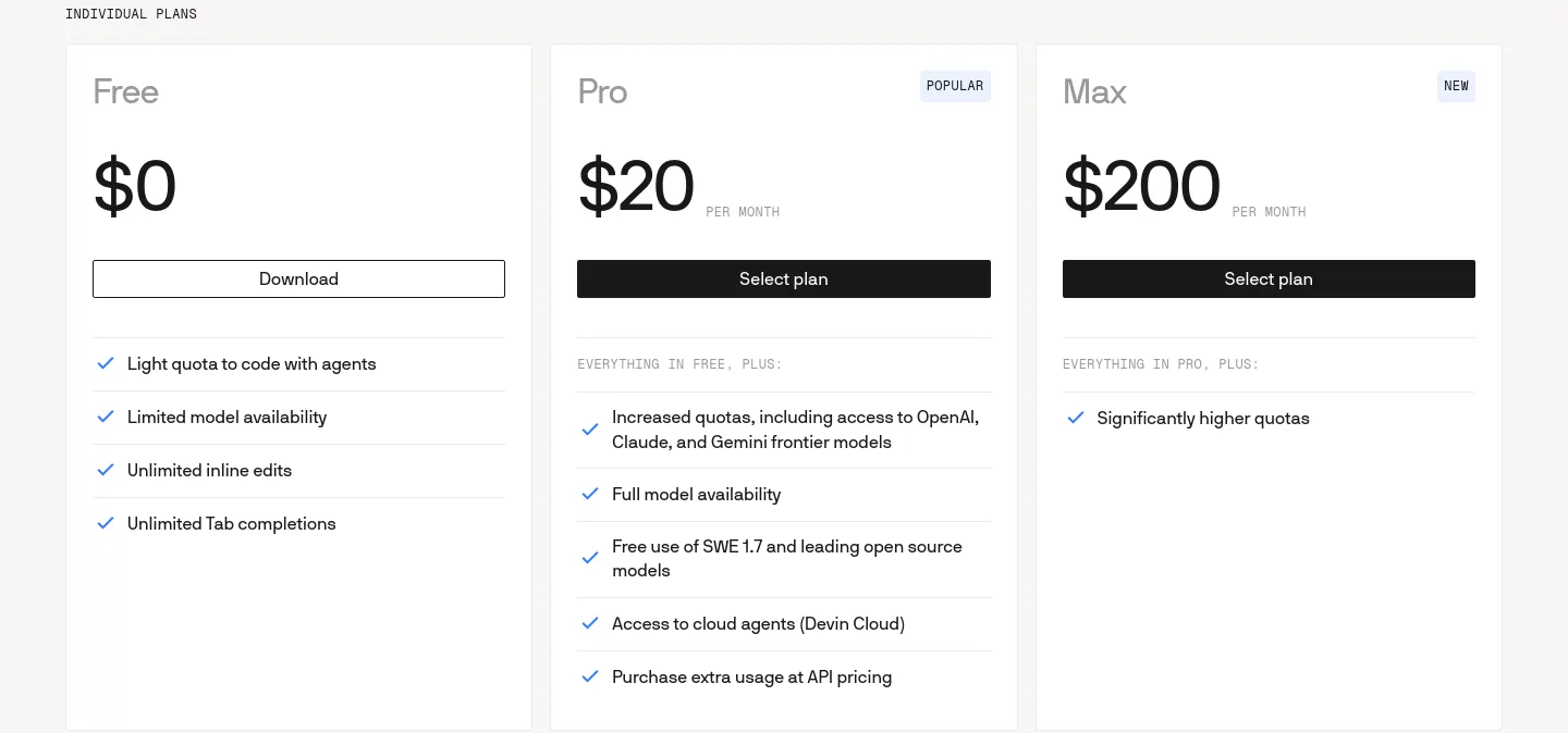 windsurf.com Pricing section