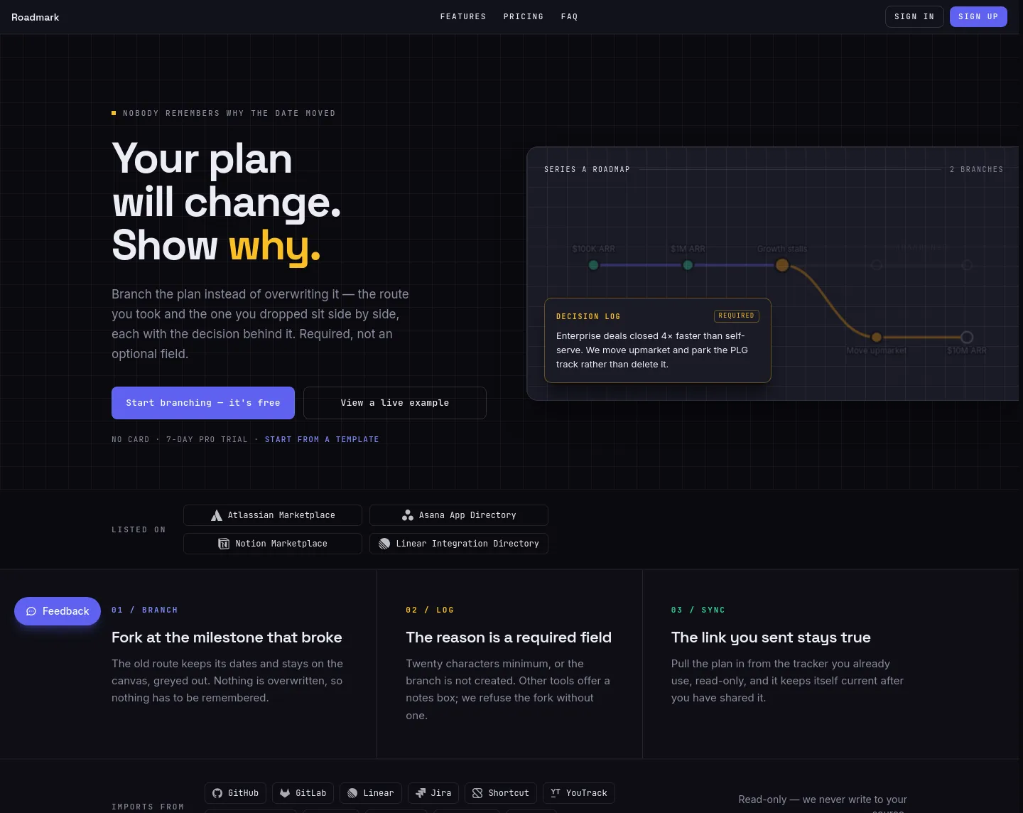 yourroadmark.com — Hero + Features + FAQ