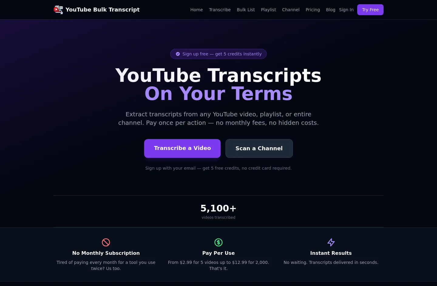 ytbulktranscript.app — a measured funnel
