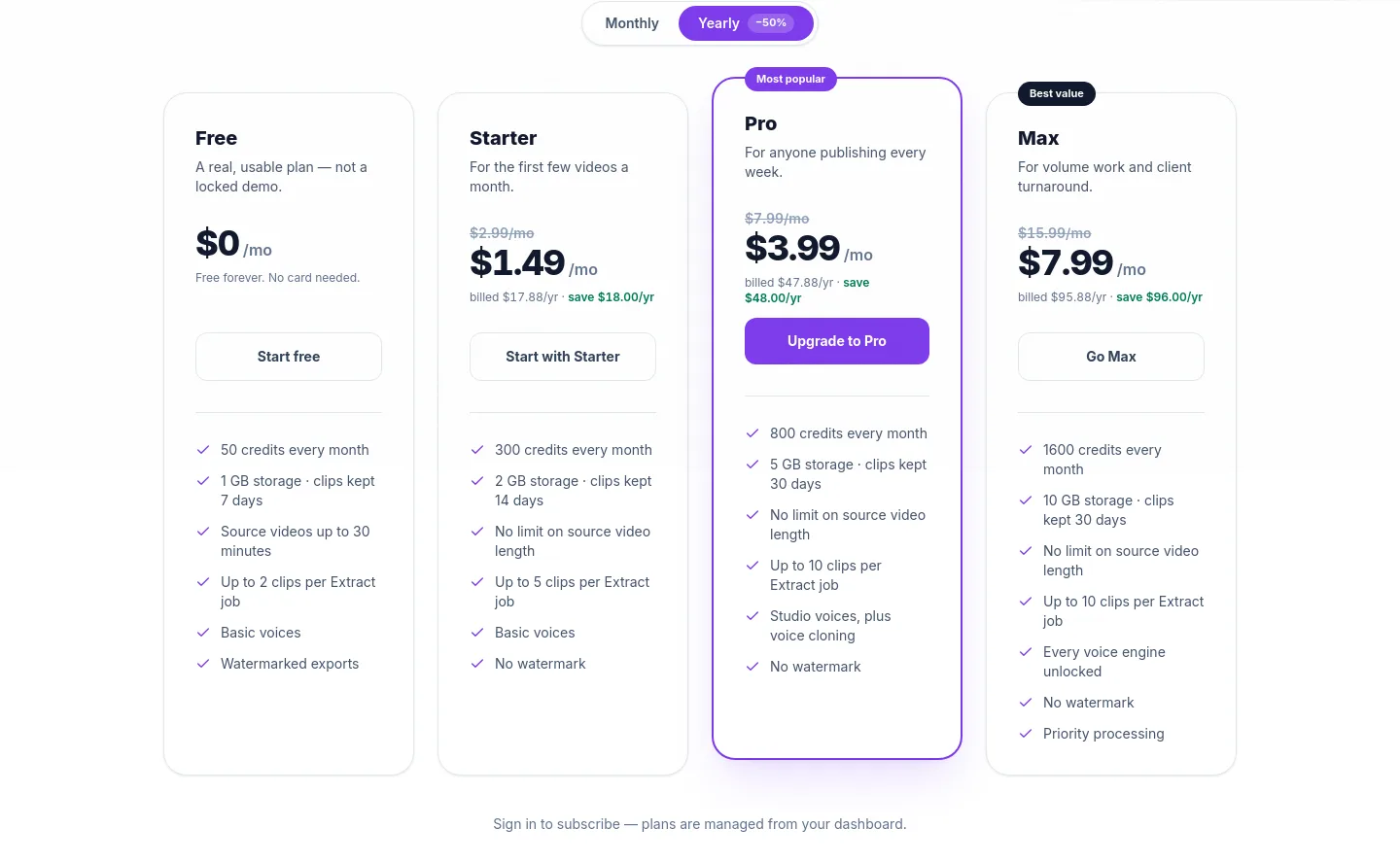 ytshorts.ai — a real Pricing section