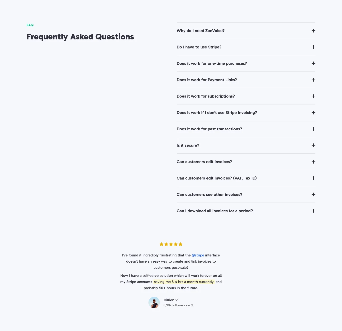zenvoice.io — a real FAQ section