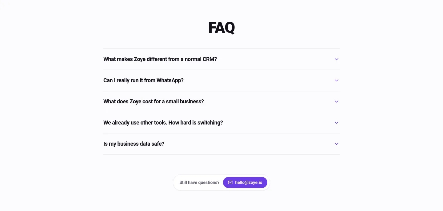 zoye.io FAQ section