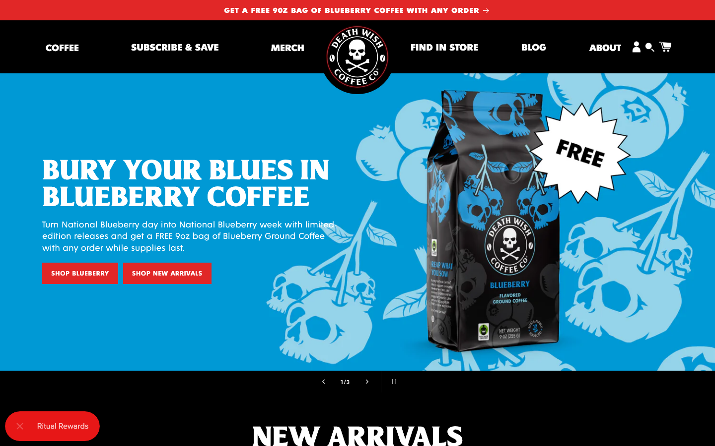 Above-the-fold capture of deathwishcoffee.com