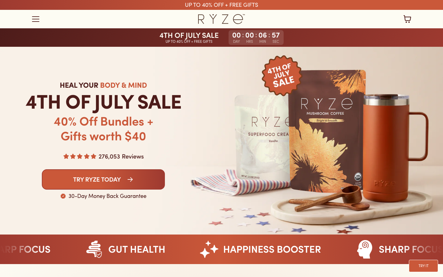 Above-the-fold capture of ryzesuperfoods.com